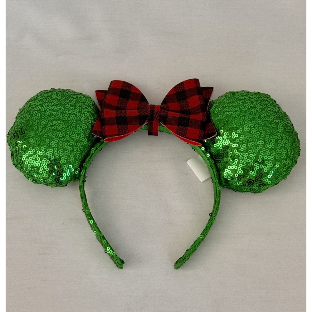 Disney Minnie Ears Green Sequin Red Black Bow Holiday Headband Christmas
